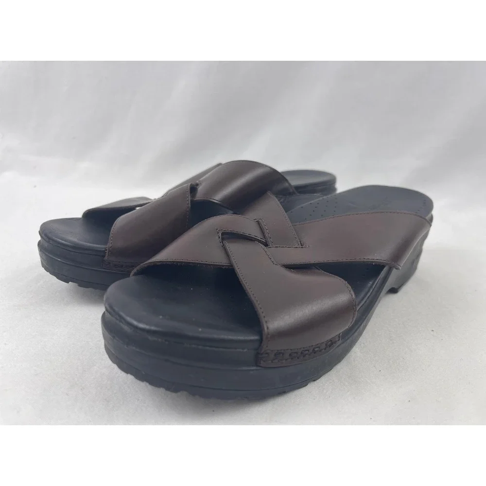 LL Bean Leather‎ Wedge Slide Sandals Womens 8.5 M Brown Cross Strap Comfort